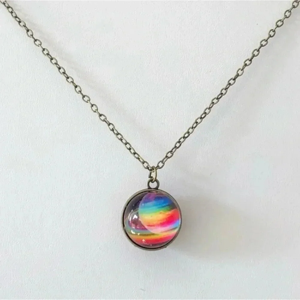 3D Rainbow Saturn Rings Planet Globe Unique Glass Brass Chain Necklace